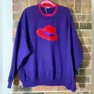 Vintage Top Stitch Morning Sun Sweater Purple Crew Embroidered Hat